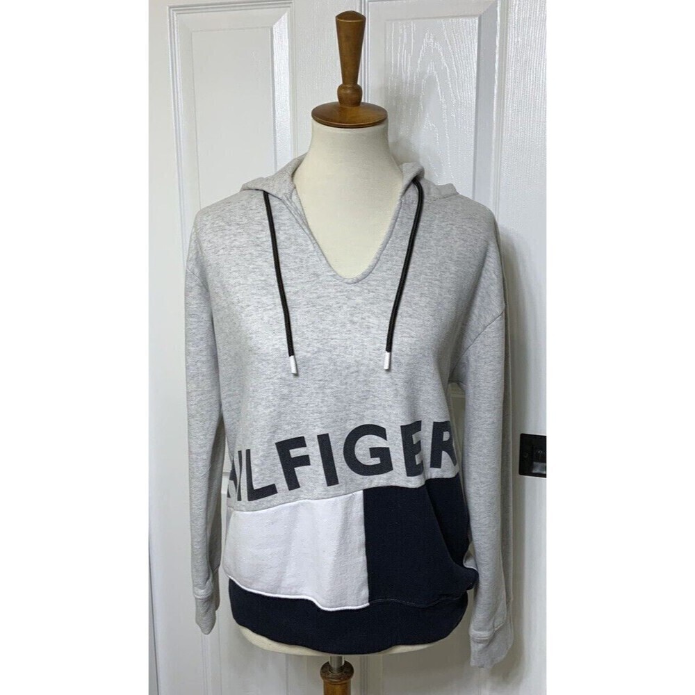 Tommy Hilfiger Spell Out Hoodie Sweatshirt Gray Blue Size Medium